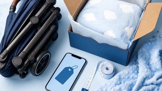 Carrinho de bebê em promoção com celular e caixa de entrega