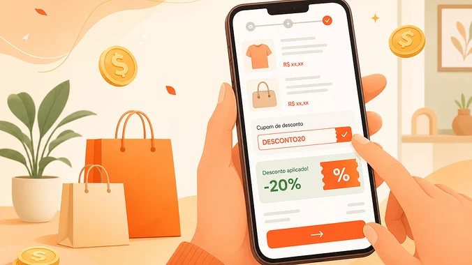 Ilustração de celular com cupom de desconto em app de compras online