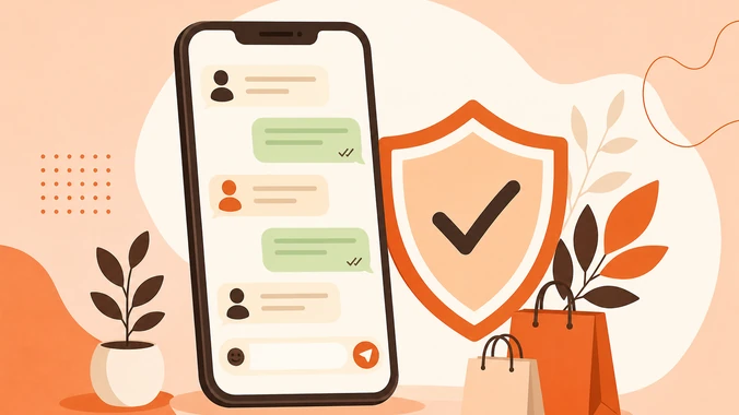 Celular com conversa de promoções e ícone de segurança