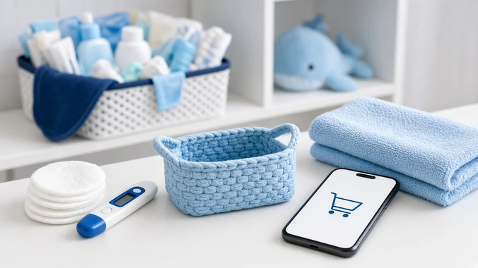 Kit higiene de bebê organizado com celular de compra