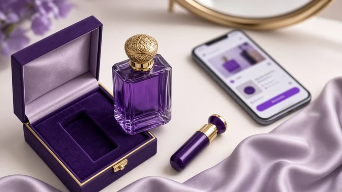 Perfume arabe em promocao ao lado de caixa e celular