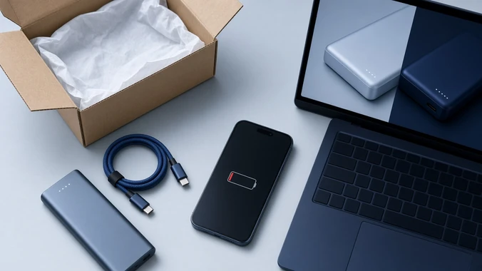 Power bank em promoção com celular e cabo sobre a mesa